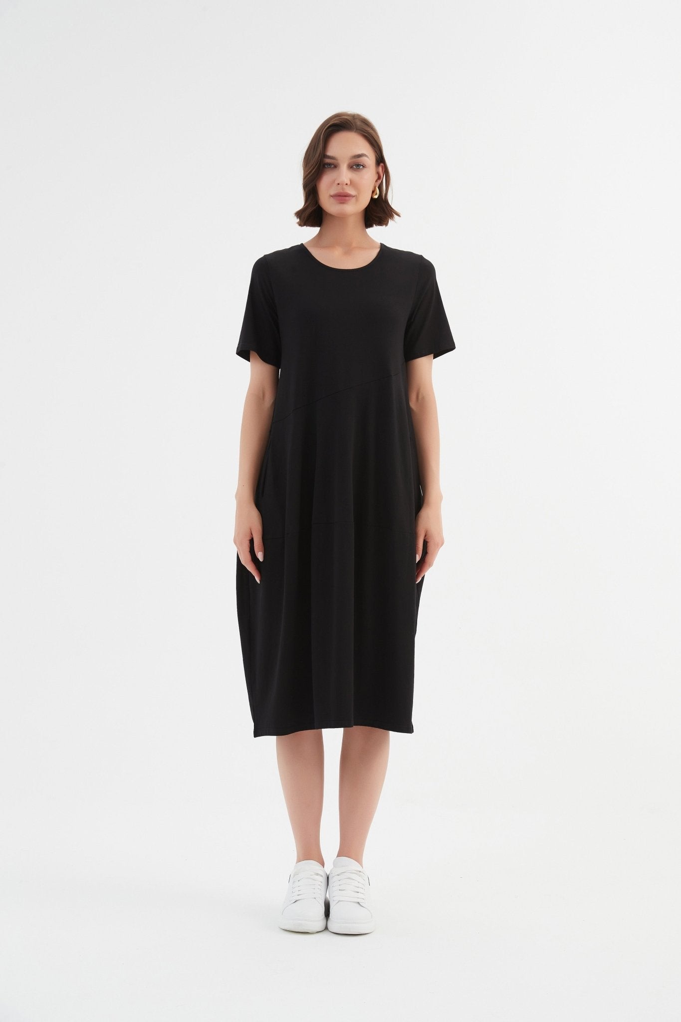 Tirelli Short Sleeve Diagonal Seam Dress Black - Blue Water Clothing