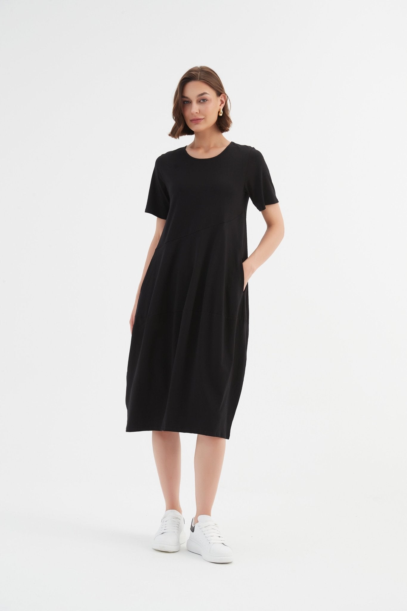 Tirelli Short Sleeve Diagonal Seam Dress Black - Blue Water Clothing