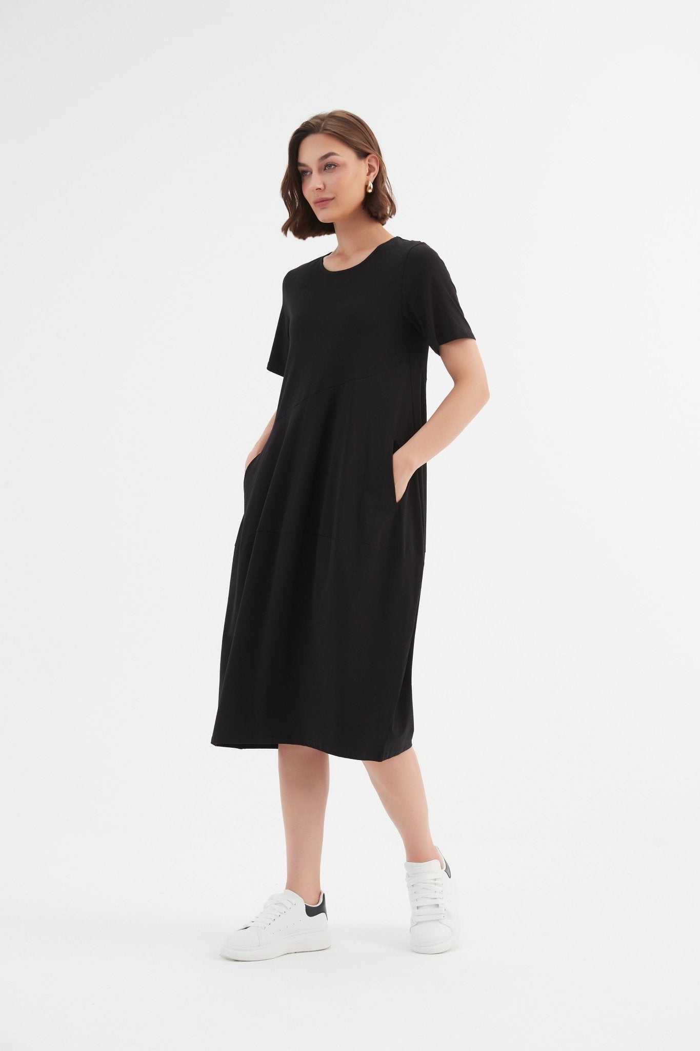 Tirelli Short Sleeve Diagonal Seam Dress Black - Blue Water Clothing