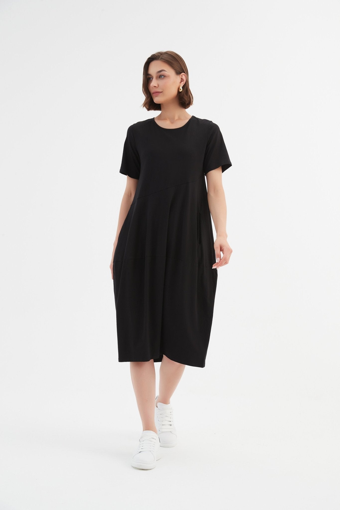 Tirelli Short Sleeve Diagonal Seam Dress Black - Blue Water Clothing