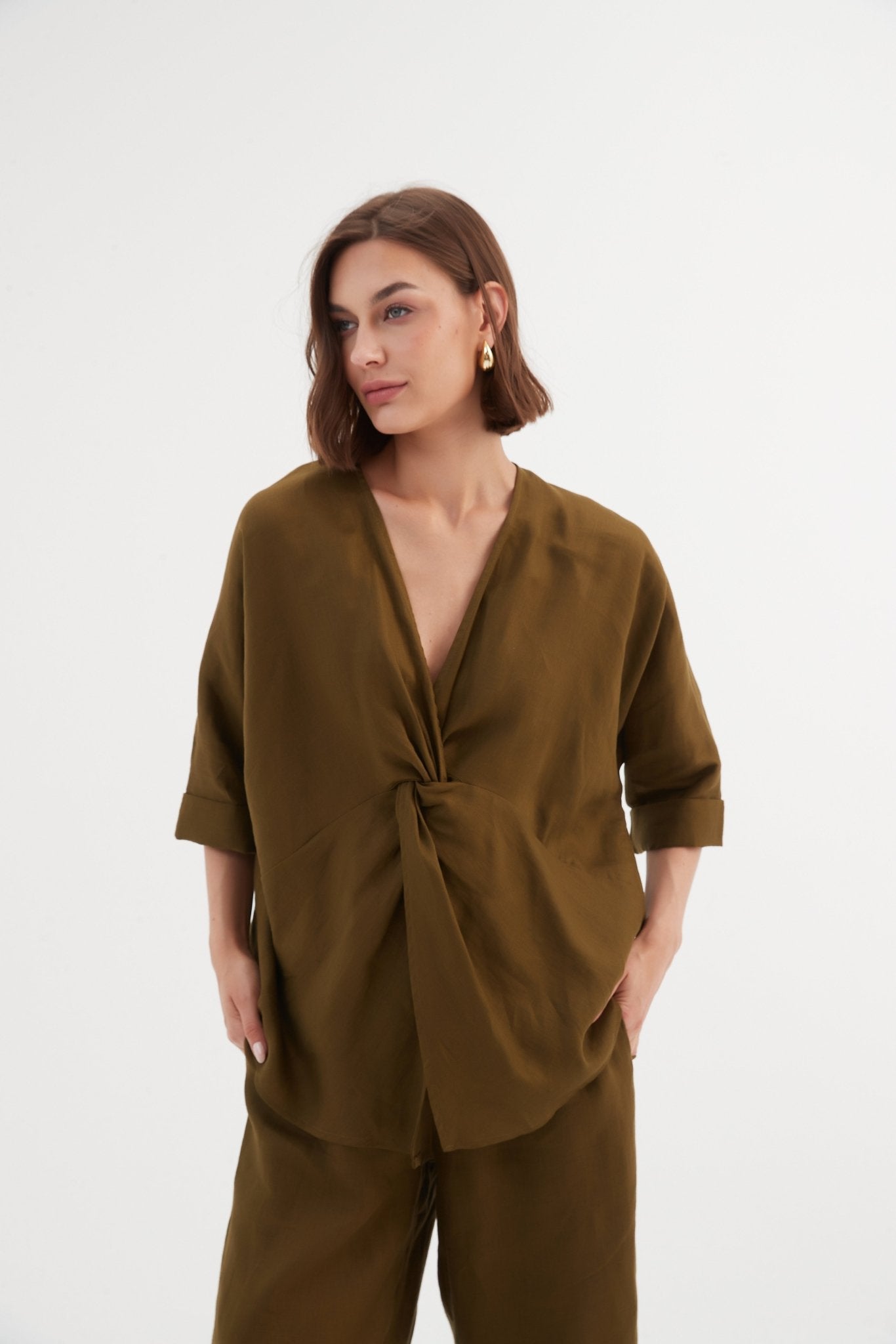 Tirelli Twist Front Top 100% Linen Dark Moss - Blue Water Clothing