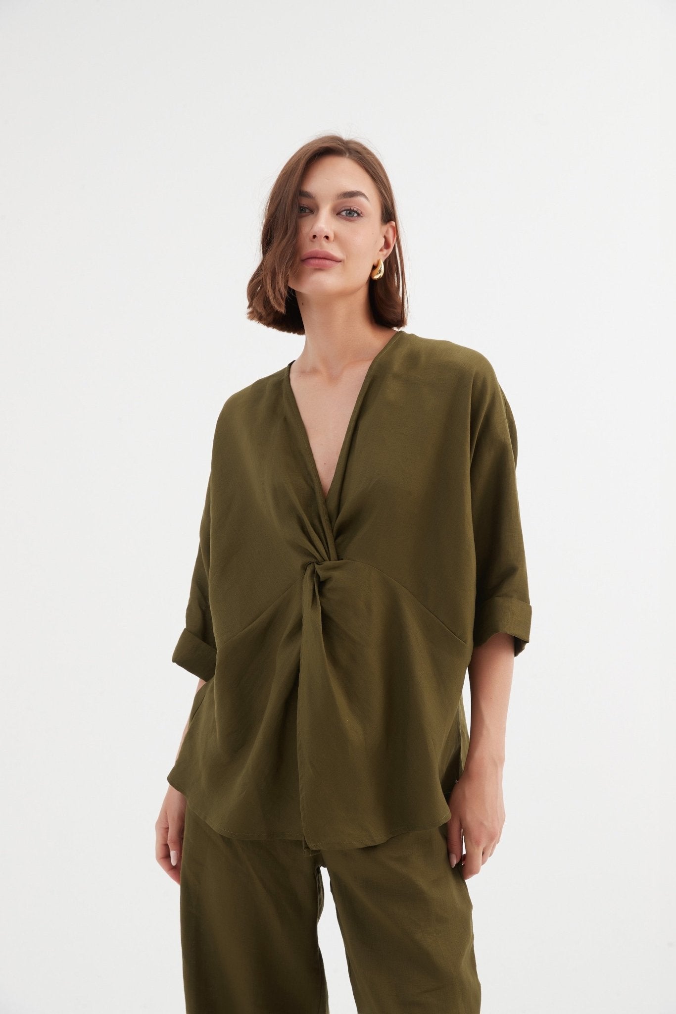 Tirelli Twist Front Top 100% Linen Dark Moss - Blue Water Clothing