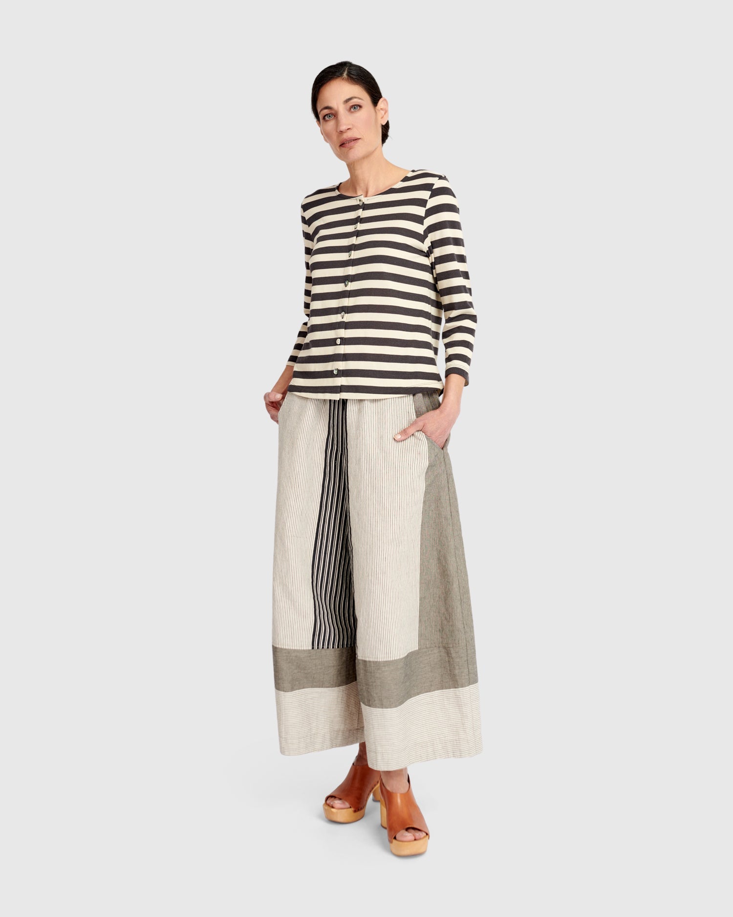 UrbanUrban Stripe Linen Mix TrouserBottomsStone - Blue Water Clothing