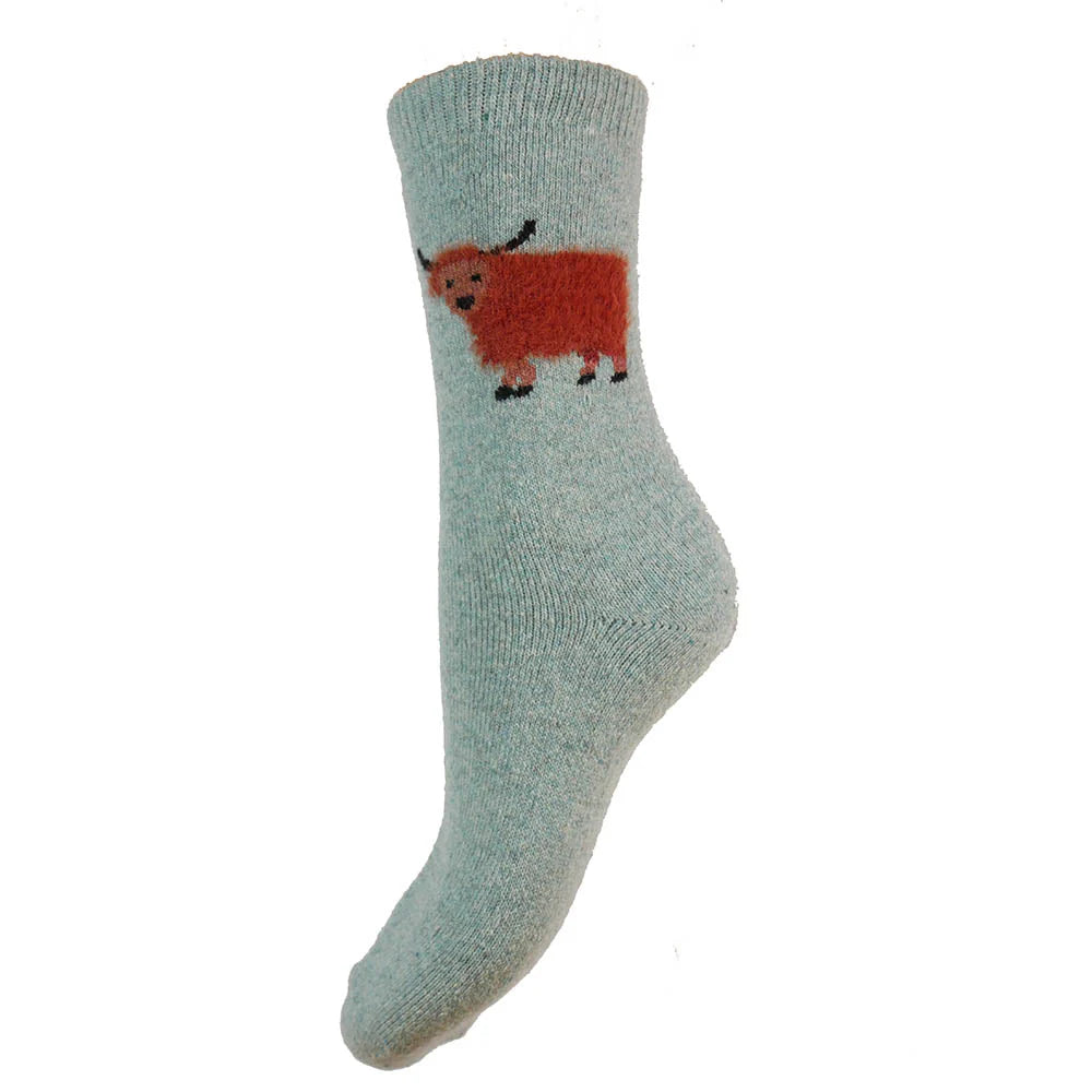 Gemjar Thick wool blend light blue socks with fluffy Highland Cows