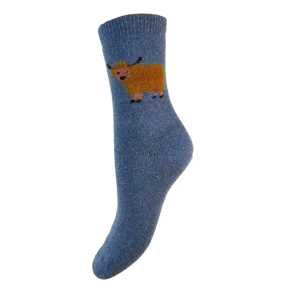 Gemjar Thick wool blend blue socks with fluffy Highland Cows