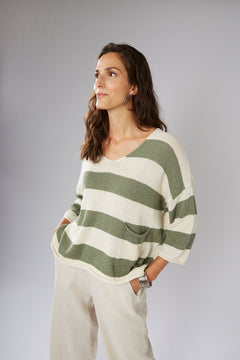 Yellow LabelYellow Label V - Neck Stripe Jumper SageTopsSage - Blue Water Clothing